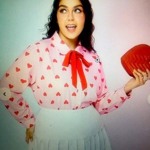 SHEIN Pink Top with Red Hearts Tie Neck 1X